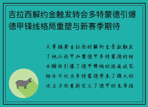 吉拉西解约金触发转会多特蒙德引爆德甲锋线格局重塑与新赛季期待